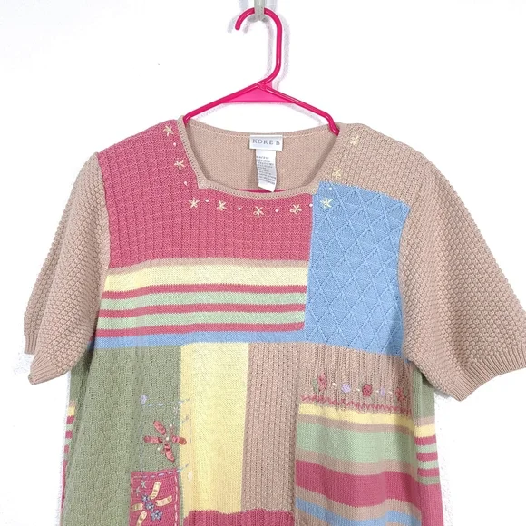 Koret Vintage Patchwork Knit Blouse – Cottagecore Grandmacore Top – Pink & Cream - Picture 3 of 13